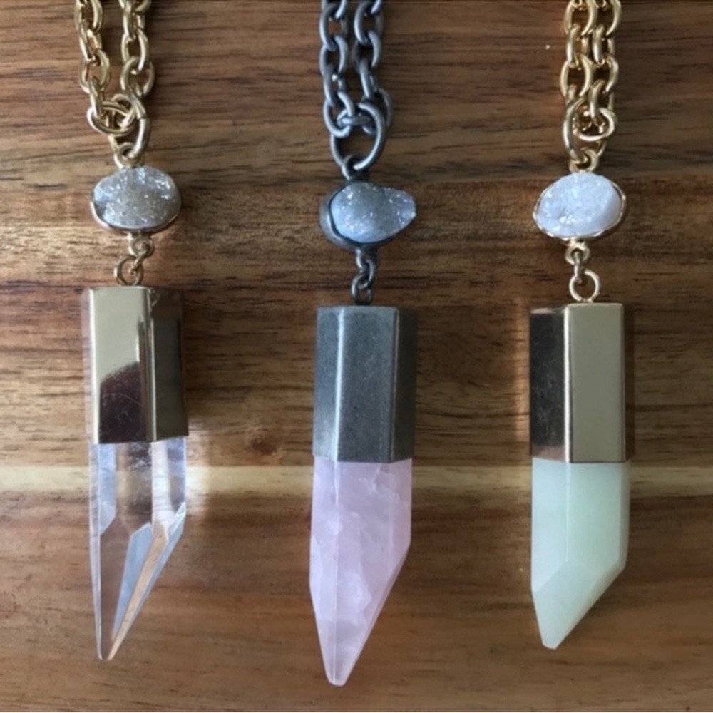 Genuine Pink Quartz Crystal Point Pendant Necklace - White Druzy